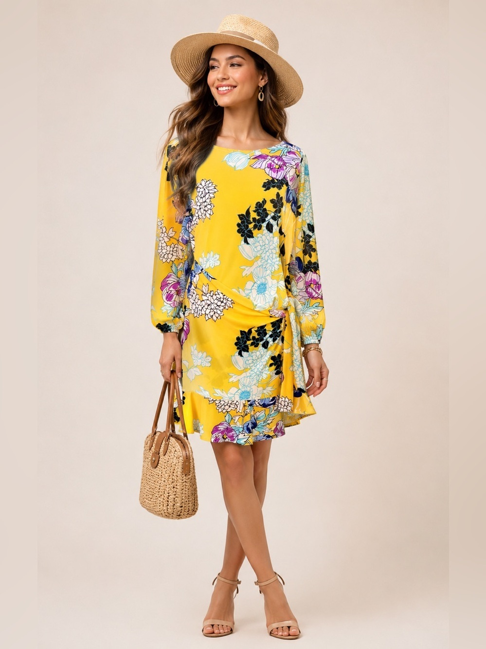 BEIGE by ECI Yellow floral dress w/bell sleeves sz Large